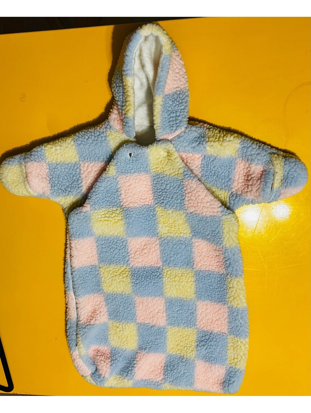 Baby Pastel Checkered Sherpa Hooded Bunting Bag Pink Blue Yellow Retro Baby